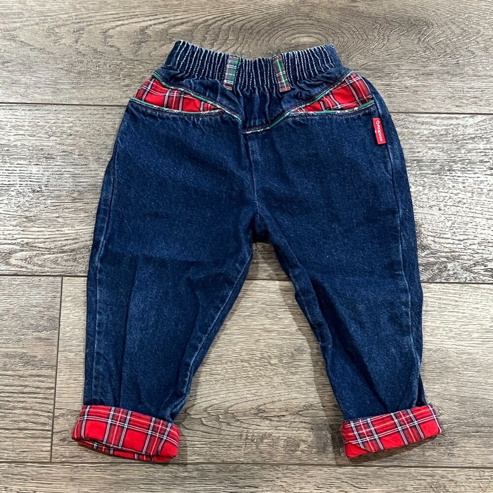Vintage 80s OshKosh Plaid Trim Denim Jeans Pants - Toddler Size 3T
